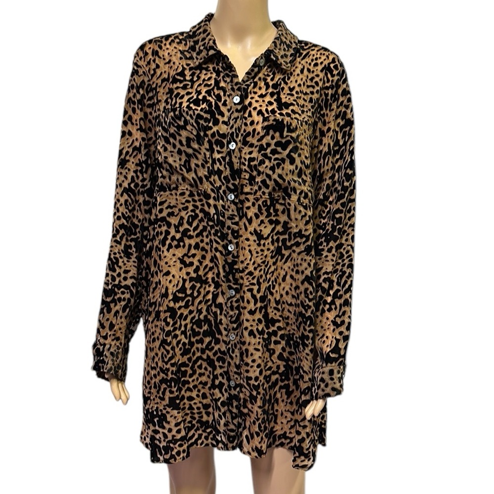 Intro Black Brown Cheetah Print Button Up Double Pocket Blouse Top Plus Size 2X